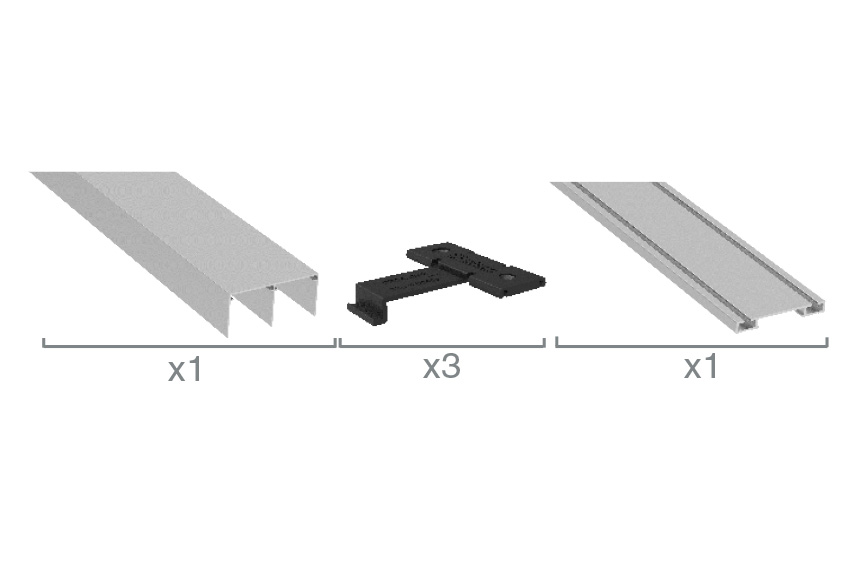 BOXED KIT 1 PANNEAU: 1 x Rail supérieur I 3 x Clip plastique l 1 x Rail inférieur